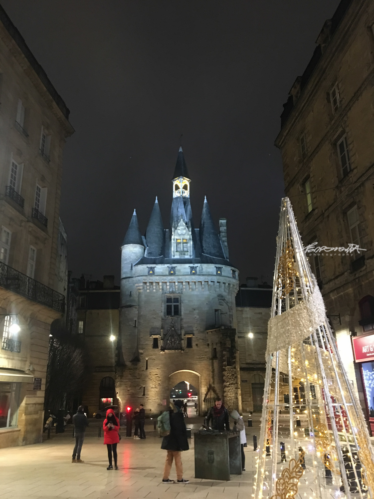 Monumento gótico em Bordéus com  árvore de Natal
