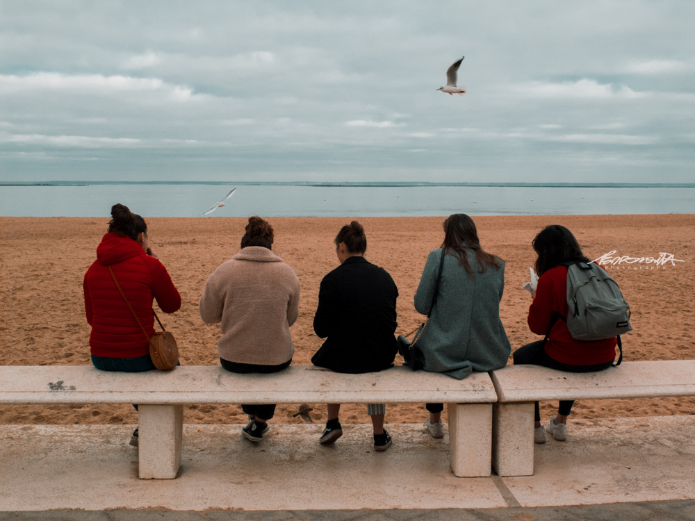 pessoas sentadas a ver o mar