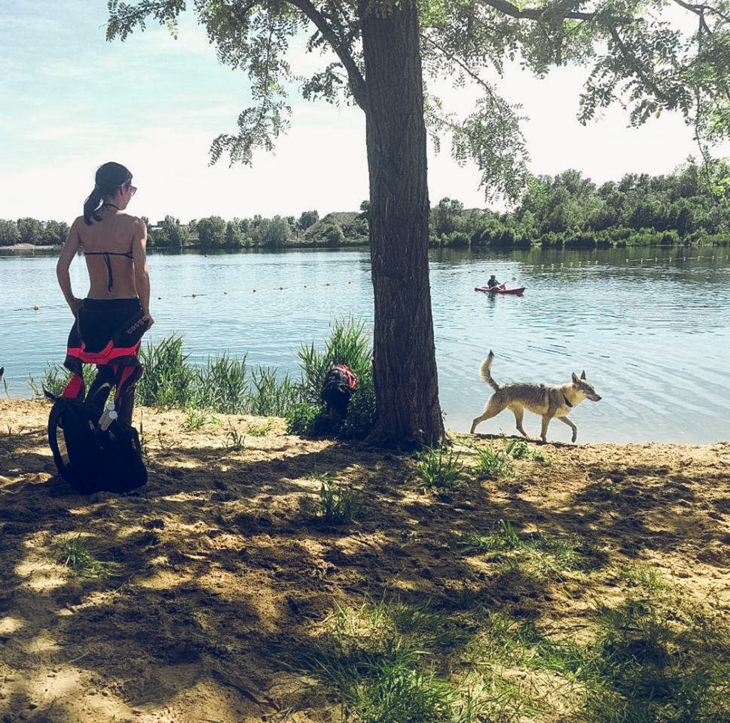 Mulher à beira de um lago com o cão
